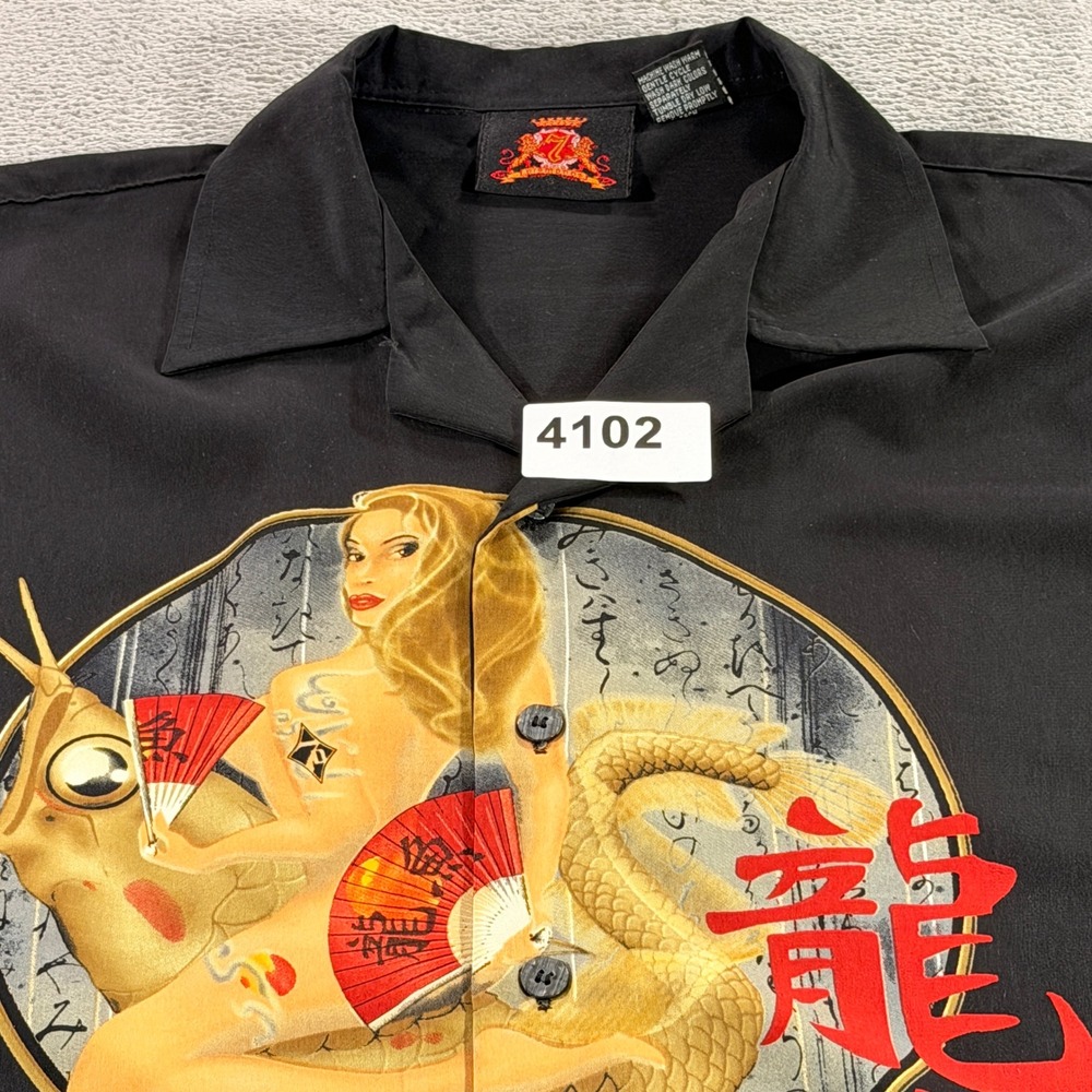 7 Diamonds Button Up Shirt Mens M Black Mermaid Koi Graphic Short Sleeve